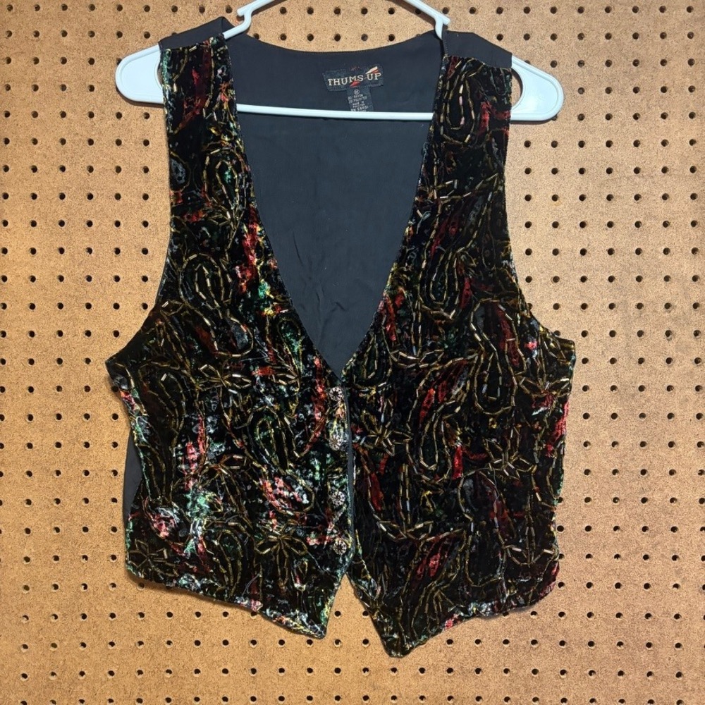 Thums Up Vest Medium Black Multicolor Beaded Velvet Vintage 90s Whimsigoth Boho